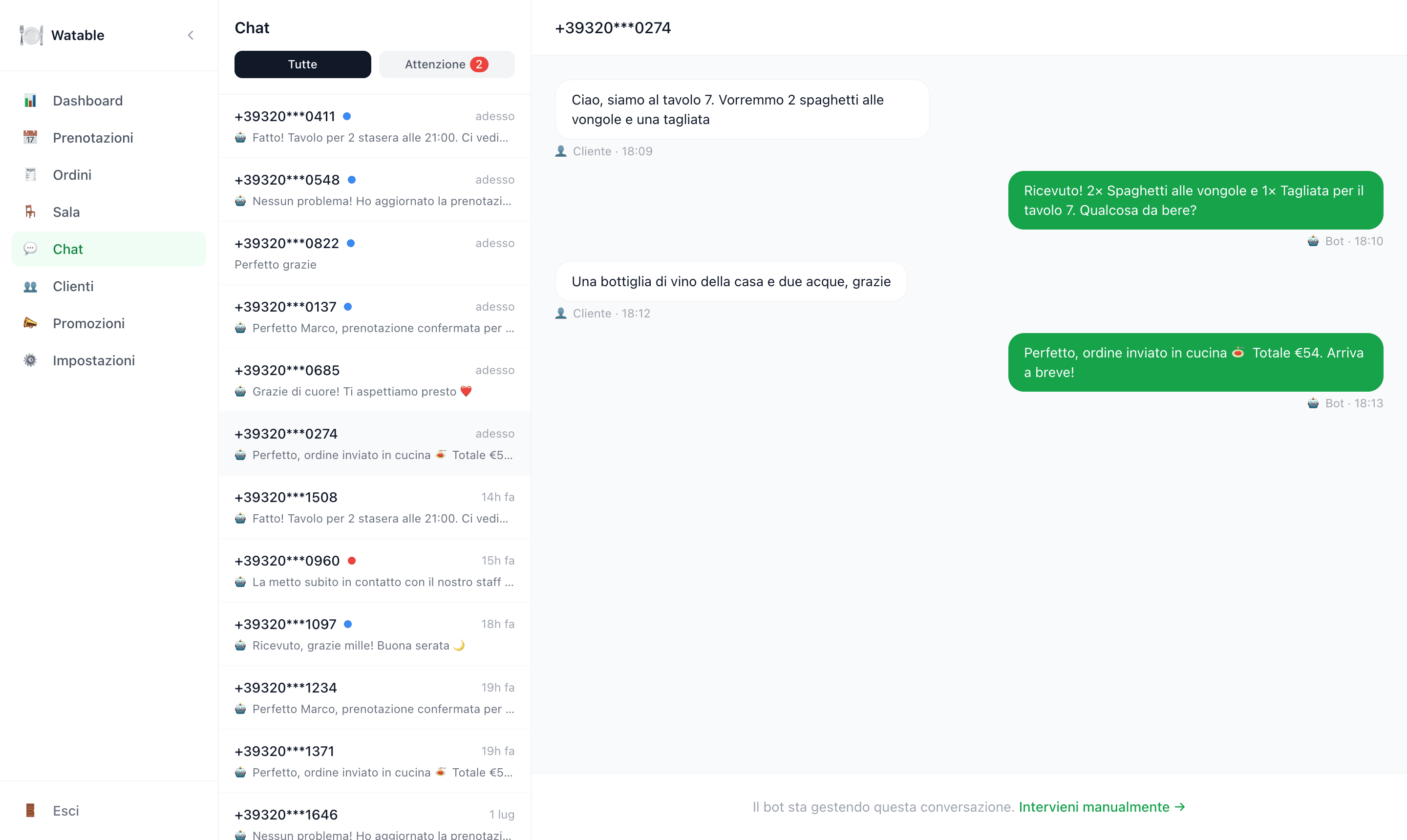 Chat WhatsApp: il bot gestisce prenotazioni e ordini, tu intervieni quando vuoi.